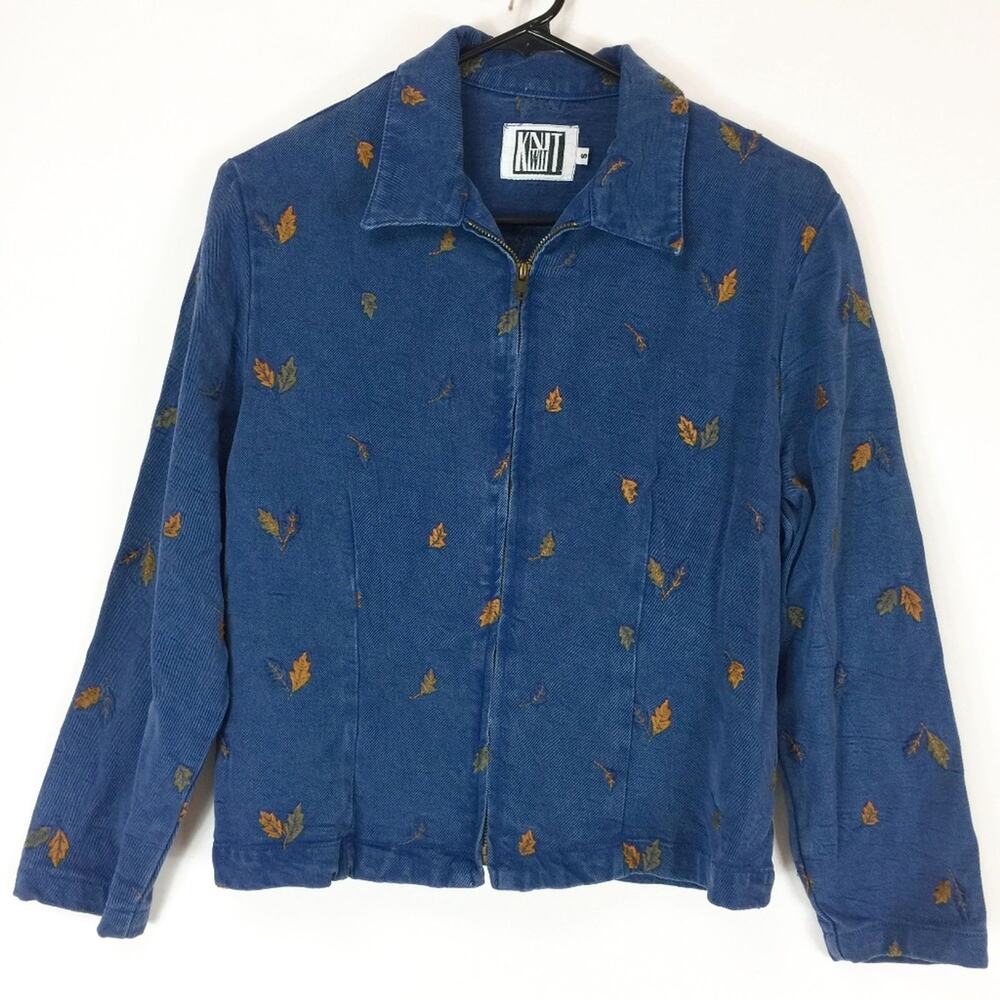 Knitwit Jacket Women's Size Small Full Zip Fall Leaves Tencel Lyocell Jean Denim